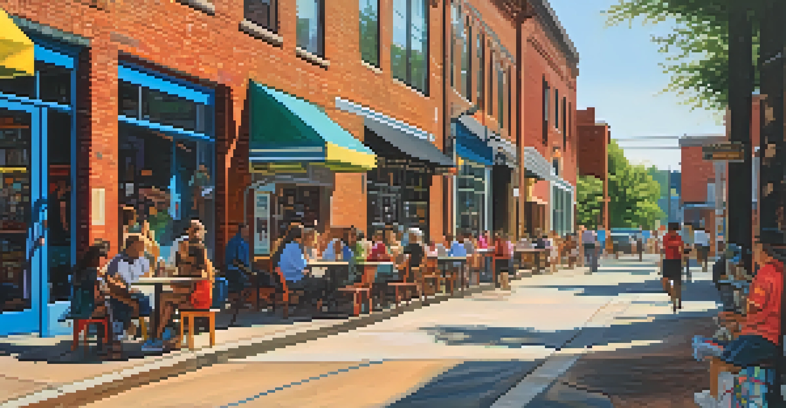 A lively street scene in NoDa, Charlotte, featuring colorful street art and outdoor cafes filled with people.