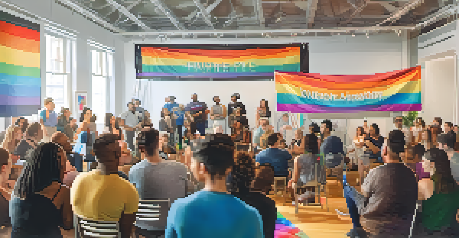 A workshop at Charlotte's Pride Festival with attendees listening to a speaker about LGBTQ+ rights in a warmly lit room.
