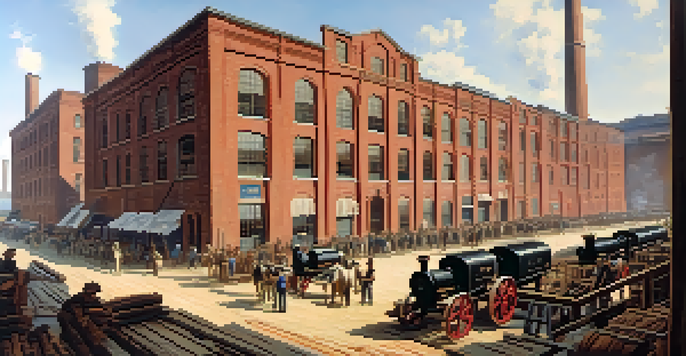 A historical textile mill scene with workers, cotton bales, and machinery in late 19th century Charlotte.