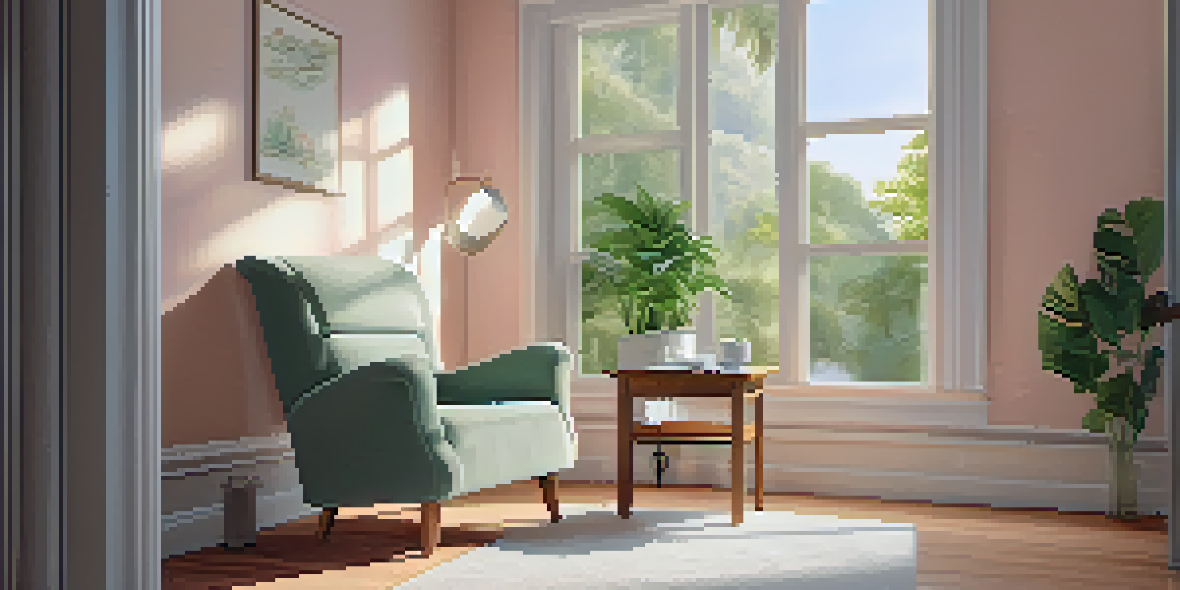 A cozy counseling room with soft lighting, an armchair, and a table with tea, surrounded by plants outside the window.