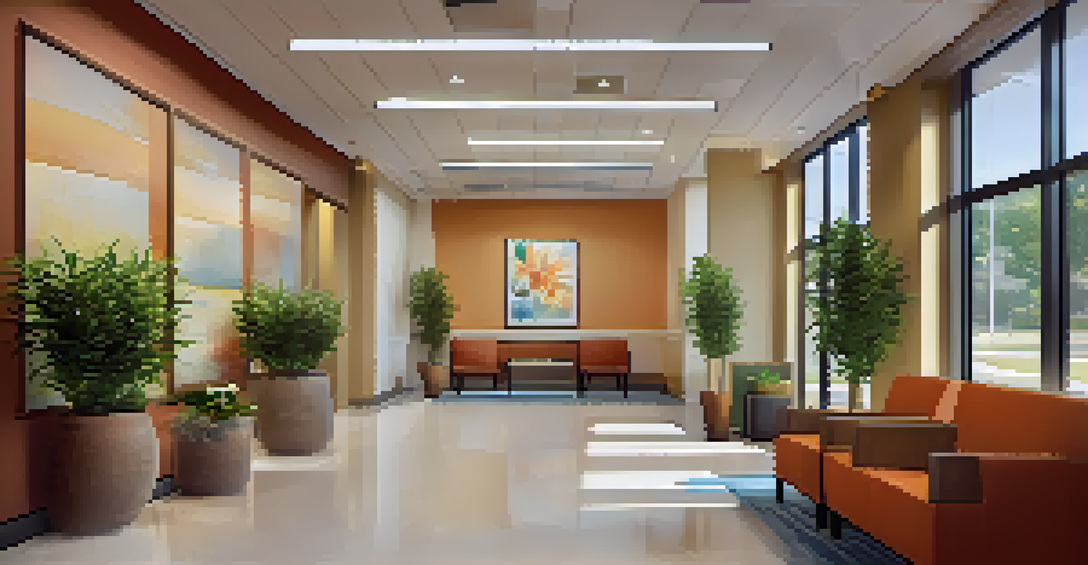 A welcoming health clinic reception area with comfortable seating, plants, and friendly staff, illuminated by natural light from large windows.