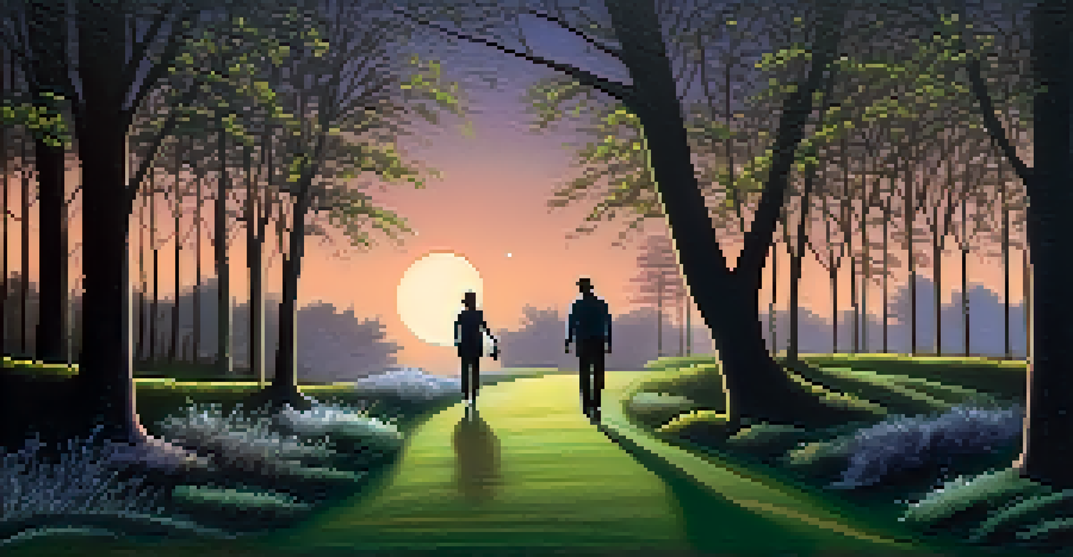 A couple walking on a moonlit path in a park, surrounded by trees and a starry sky.