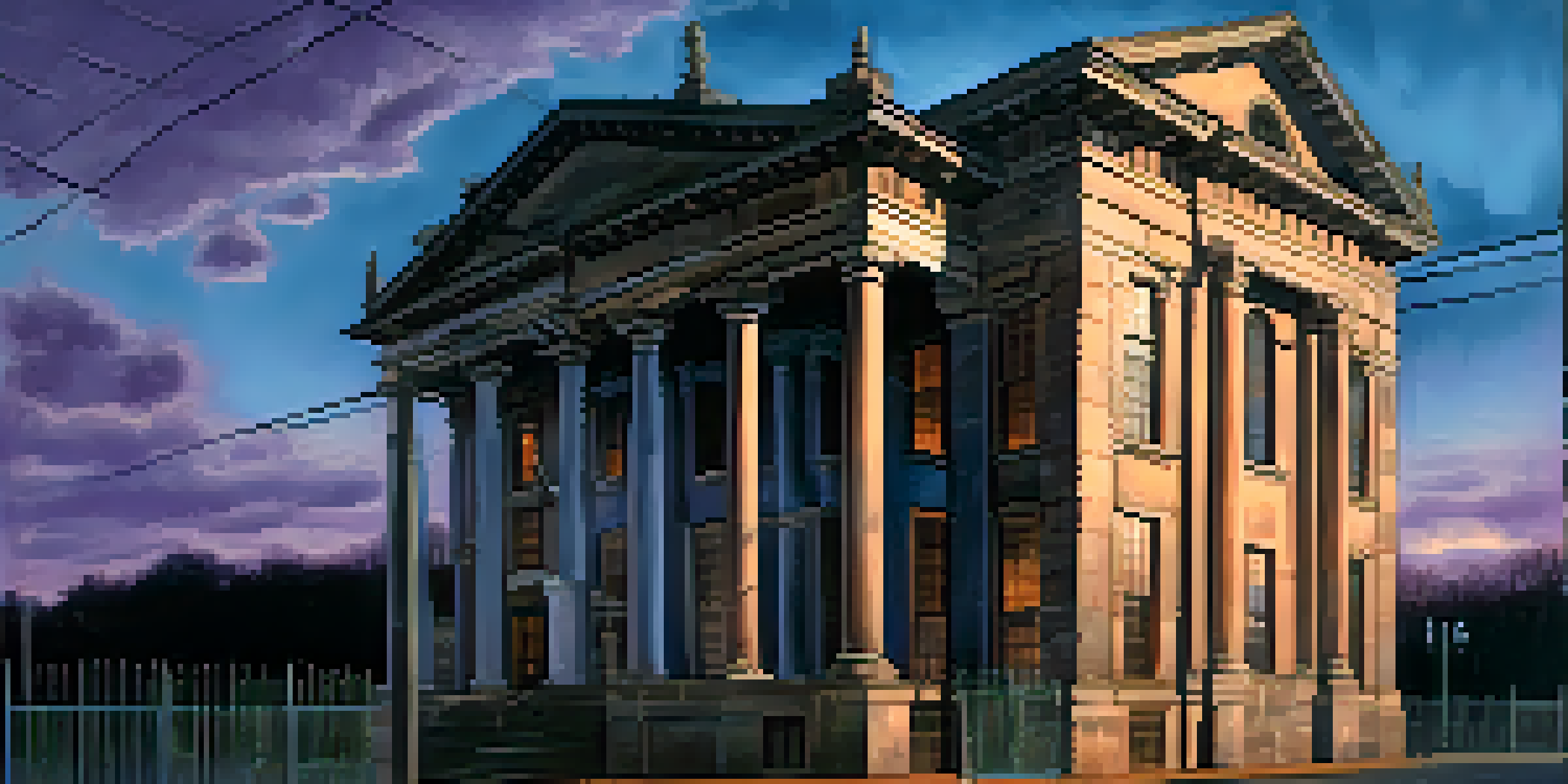A dusk view of the Old Charlotte Jail, showcasing its neoclassical architecture with soft lights and an eerie mist.