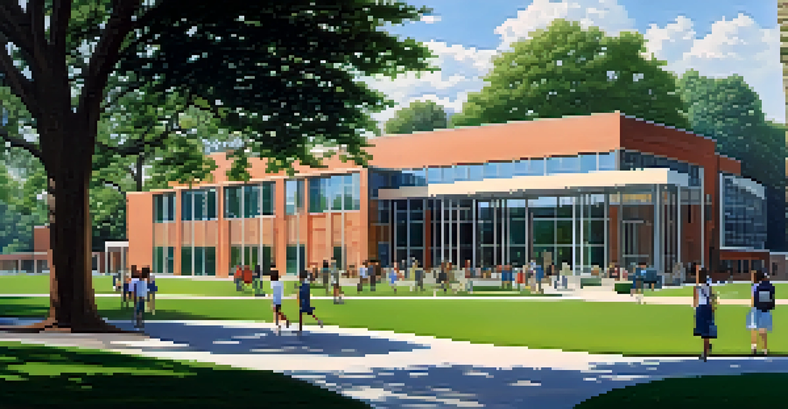 A modern private school building in Charlotte with students walking around on a sunny day.