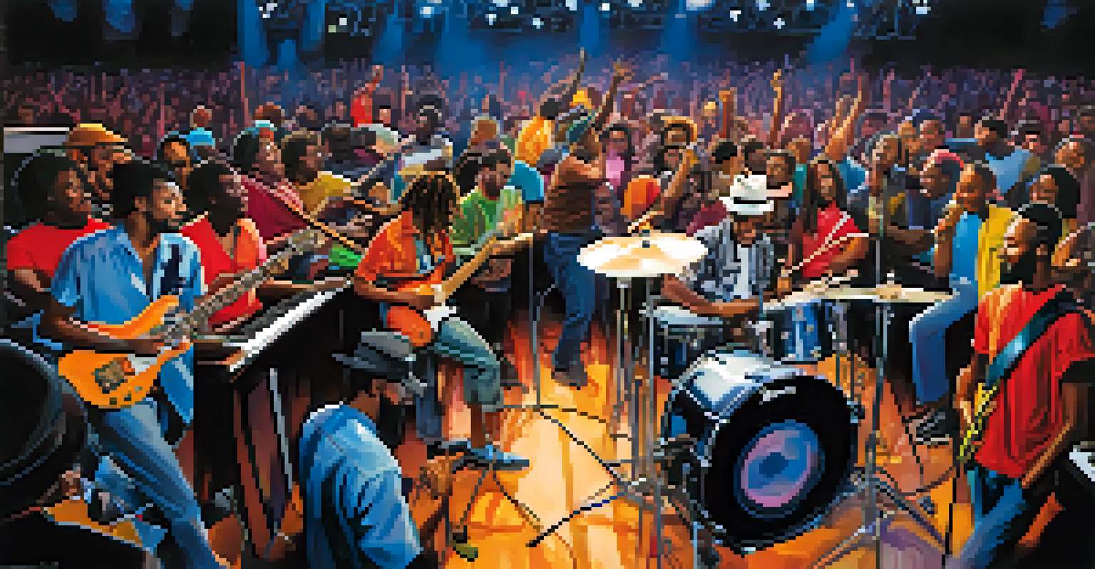 Musicians performing energetically at the Queen City Jam Session, showcasing collaboration and diverse musical styles.