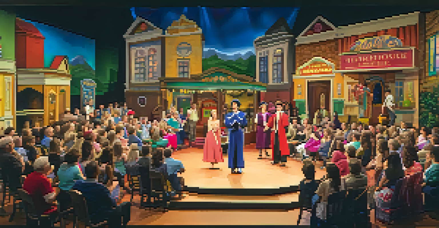 Scene from a community theater production at the Neighborhood Playhouse, featuring actors on stage in colorful costumes and an engaged audience.
