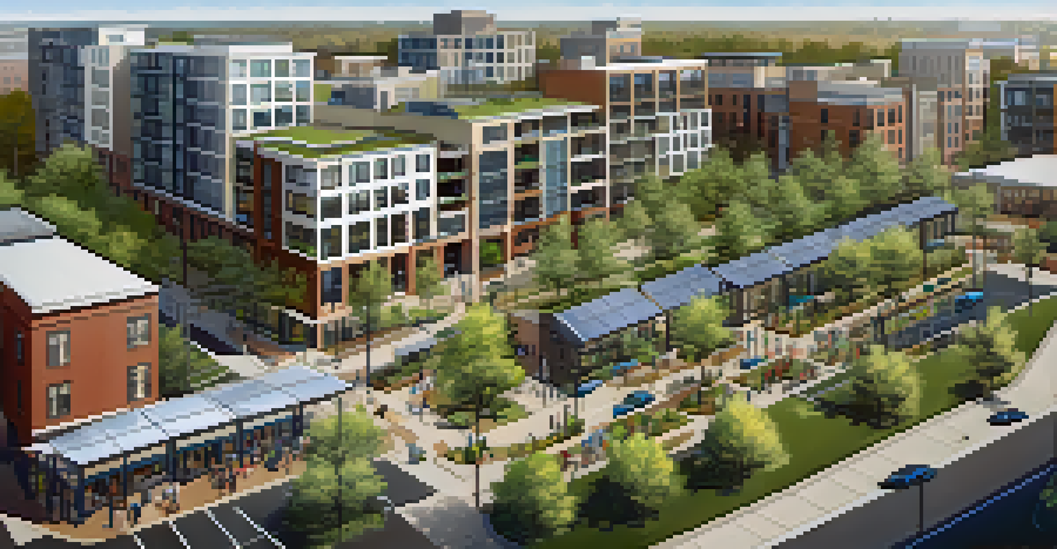 An aerial view of a transit-oriented community in Charlotte featuring residential buildings and light rail stations.