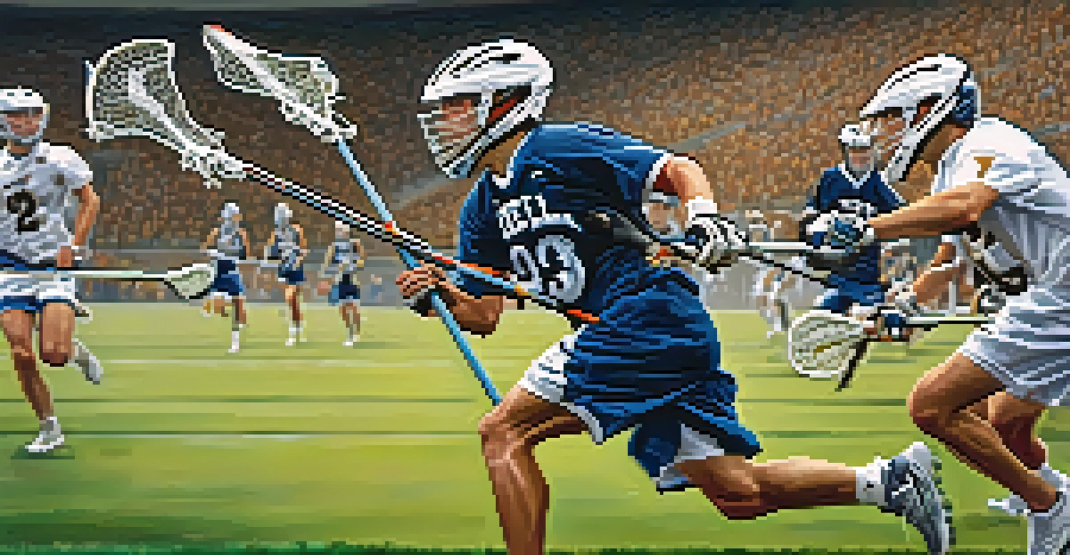 A college athlete playing lacrosse, showcasing determination and skill while dodging an opponent on a vibrant green field with cheering fans in the background.
