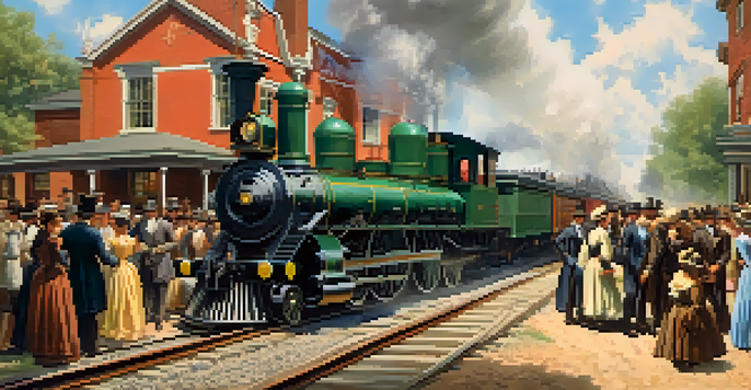 A historic railroad scene showing a steam locomotive arriving at a busy station in 19th-century Charlotte, with people in period clothing and wooden buildings in the background.