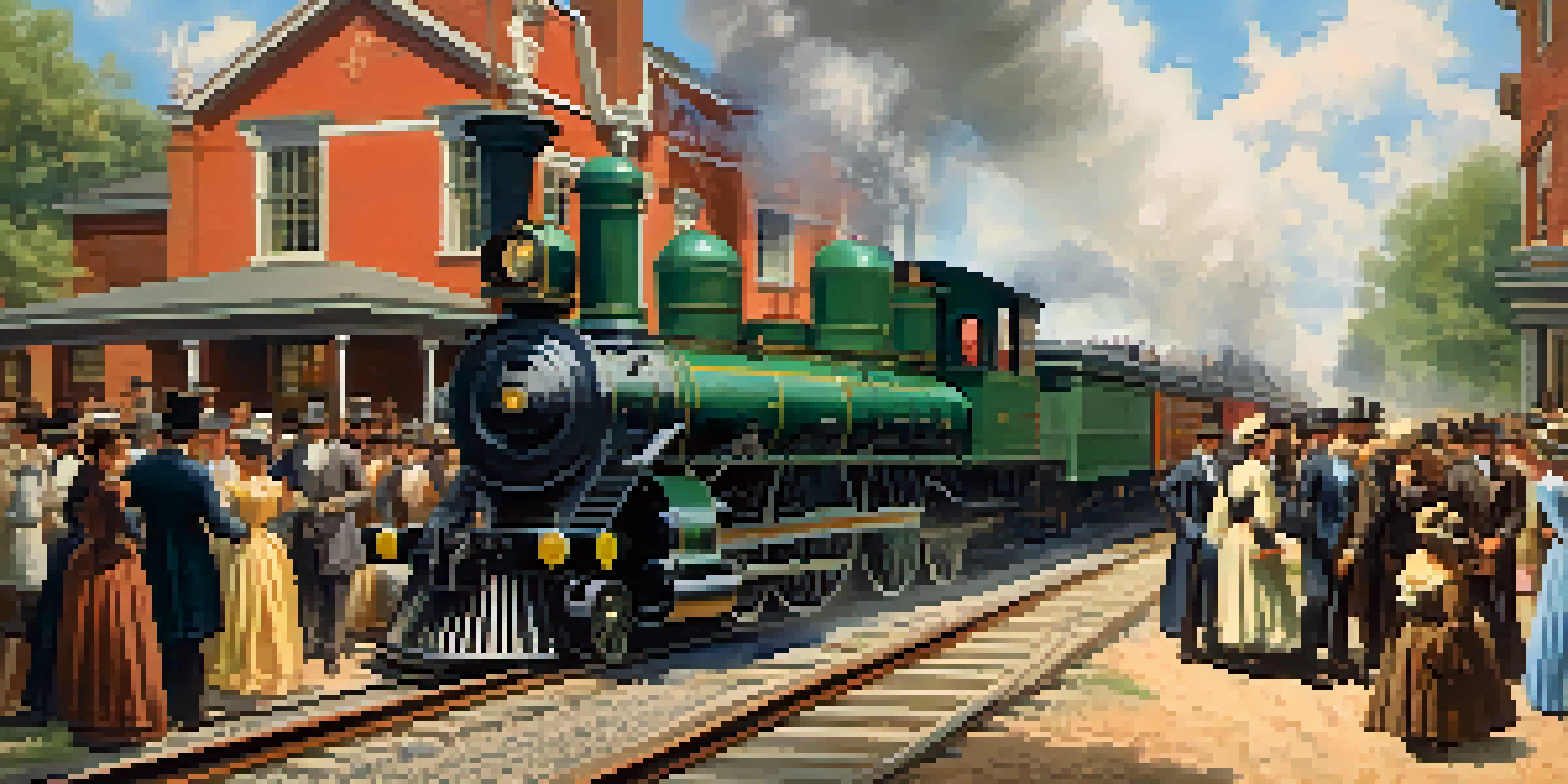 A historic railroad scene showing a steam locomotive arriving at a busy station in 19th-century Charlotte, with people in period clothing and wooden buildings in the background.