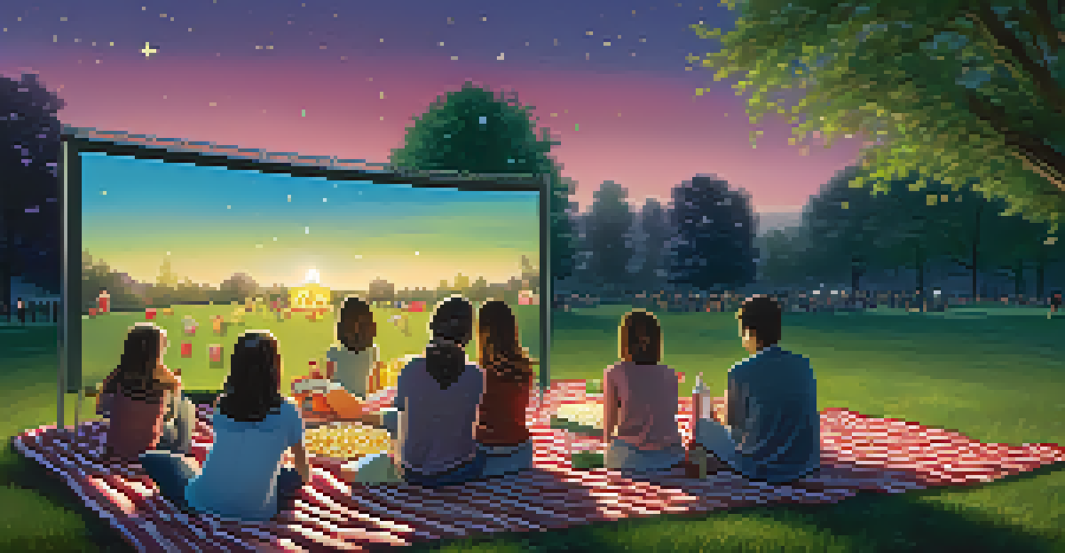 Families and friends enjoying an outdoor movie night in a park, with a large screen and snacks, under a twilight sky.