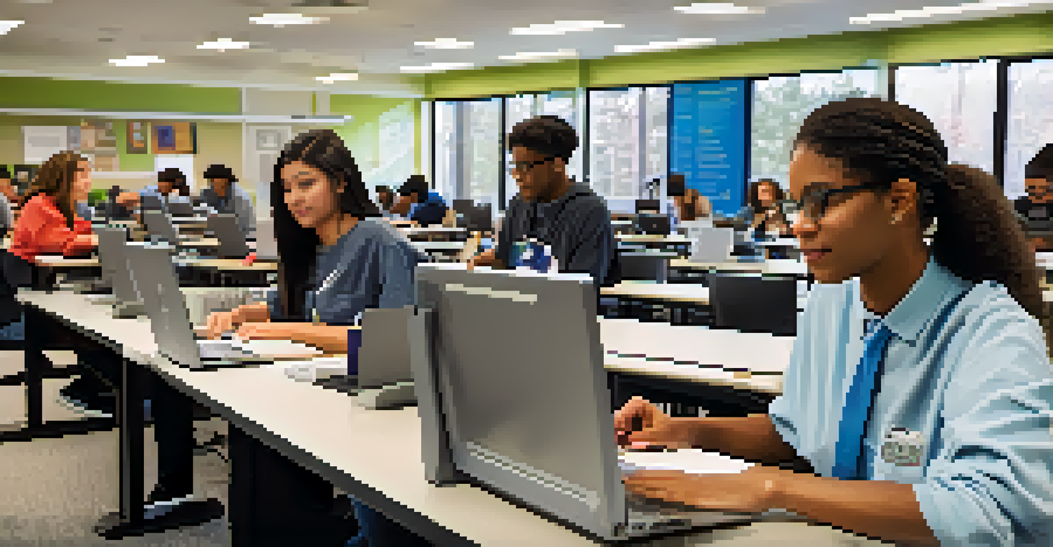 A modern community college classroom with students working collaboratively on laptops, surrounded by educational posters.