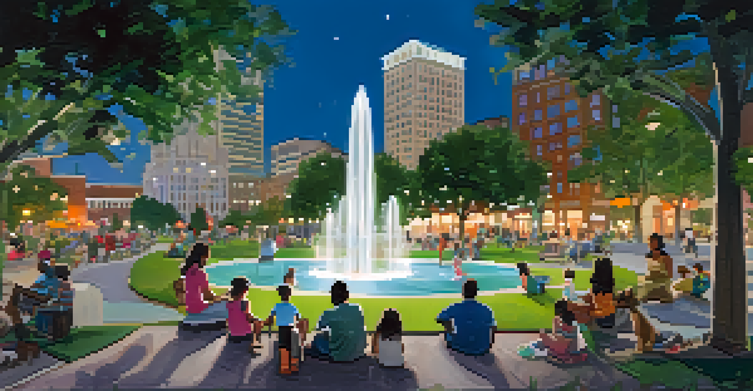 Families picnicking in Romare Bearden Park with children playing in the interactive water fountain and the city skyline glowing in the background.