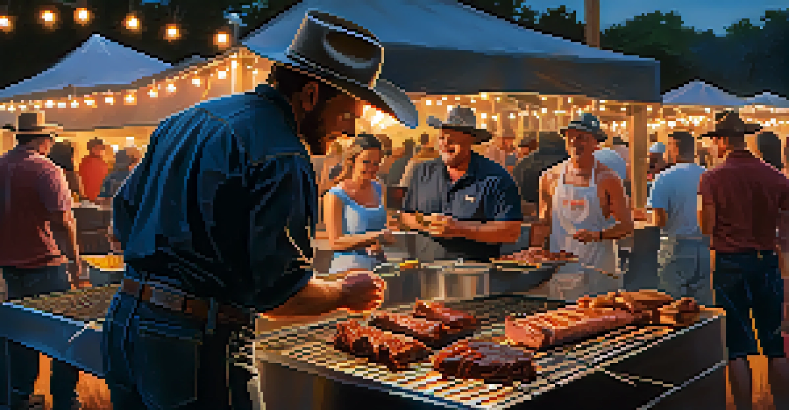 A barbecue festival scene with a pitmaster grilling meats and festival-goers enjoying delicious food.