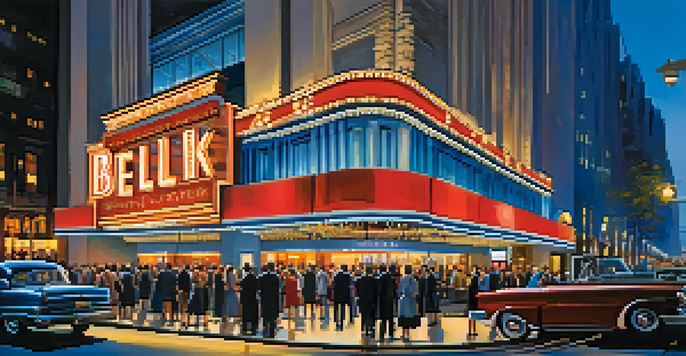 A busy street scene at the Belk Theater in Charlotte with crowds of people in formal attire enjoying the theater ambiance under twilight sky.