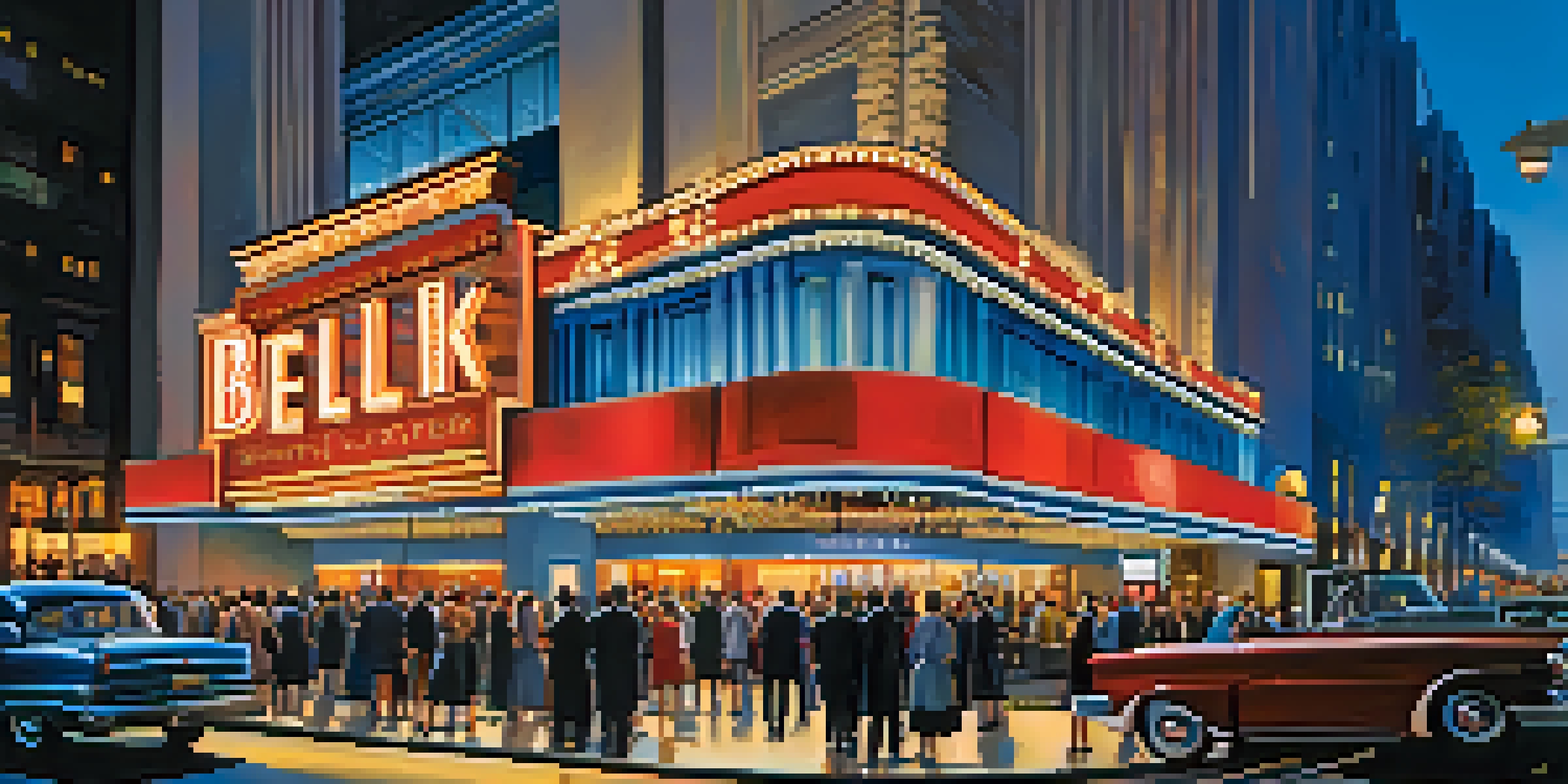 A busy street scene at the Belk Theater in Charlotte with crowds of people in formal attire enjoying the theater ambiance under twilight sky.