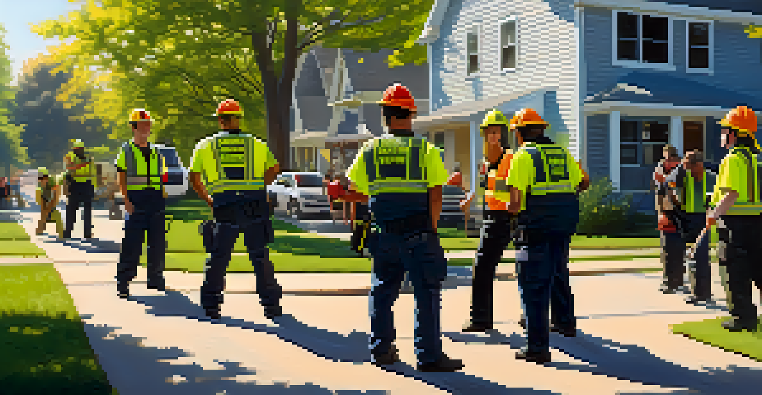 A community drill in progress with volunteers practicing emergency response techniques in a neighborhood setting.
