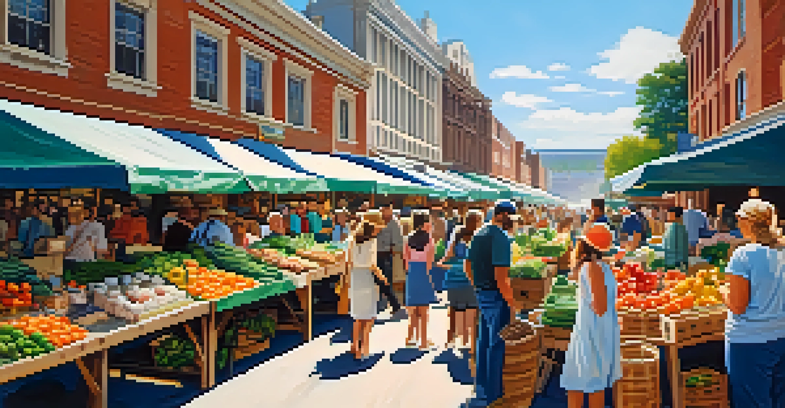 A vibrant farmers' market with stalls filled with fresh produce and artisanal products, featuring people shopping and interacting under a clear blue sky.