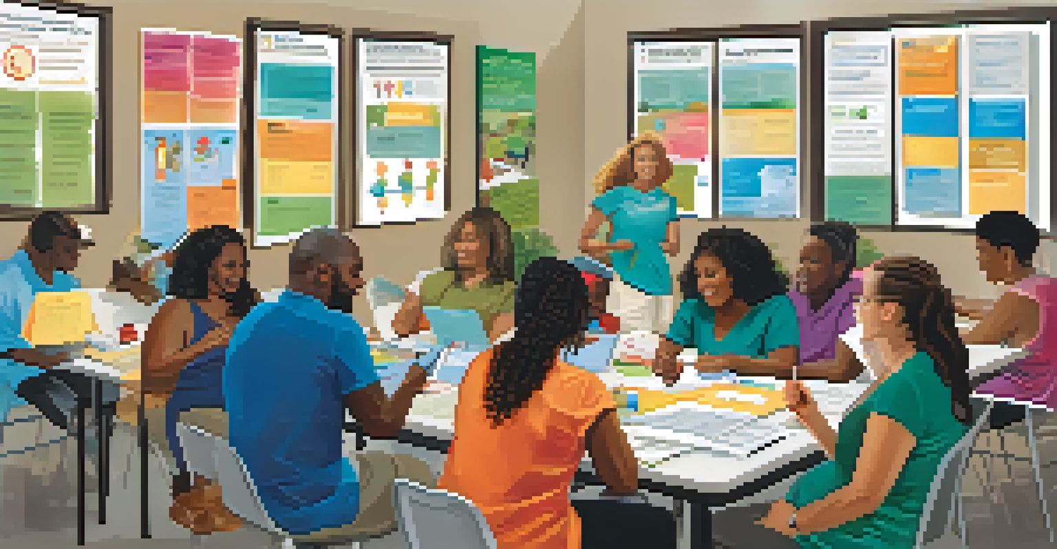 A group of diverse individuals participating in a health workshop, surrounded by educational materials and vibrant posters promoting healthy living.