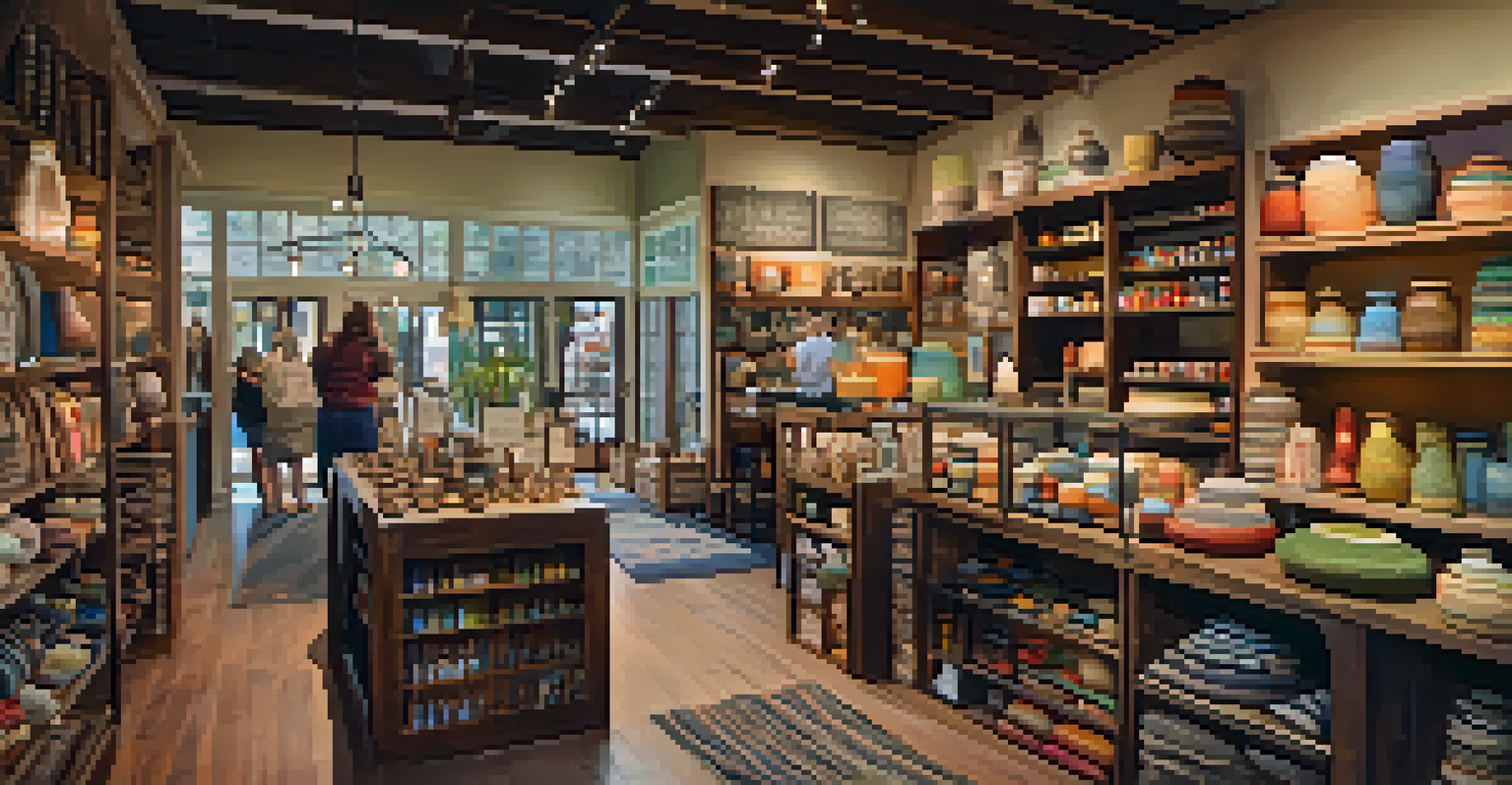 An artisan shop in Charlotte with handmade crafts on rustic shelves, warm lighting, and a family member helping a customer.