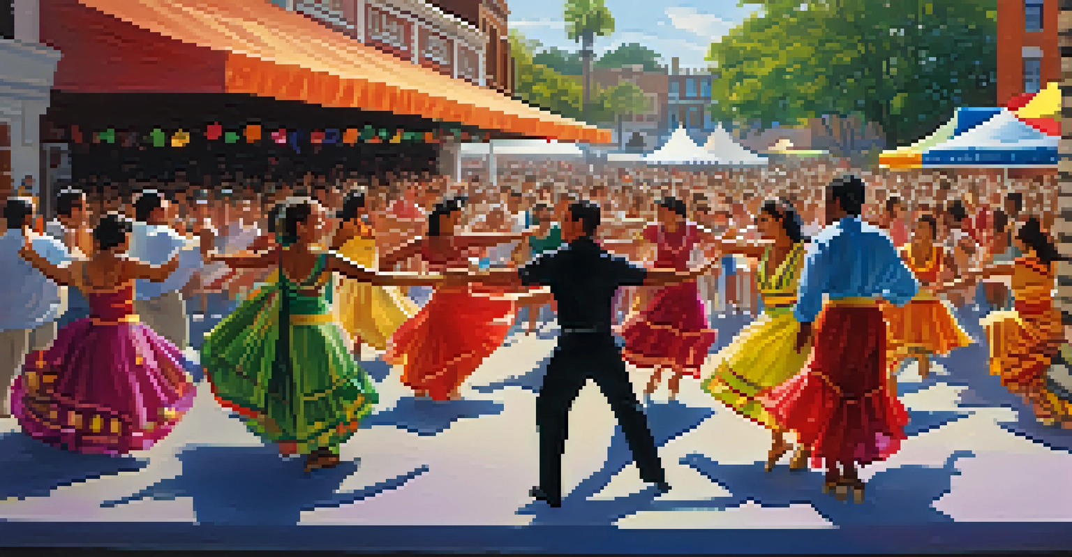 Dancers in traditional costumes performing salsa at the Latin American Festival in Charlotte, with a vibrant crowd and festive decorations.