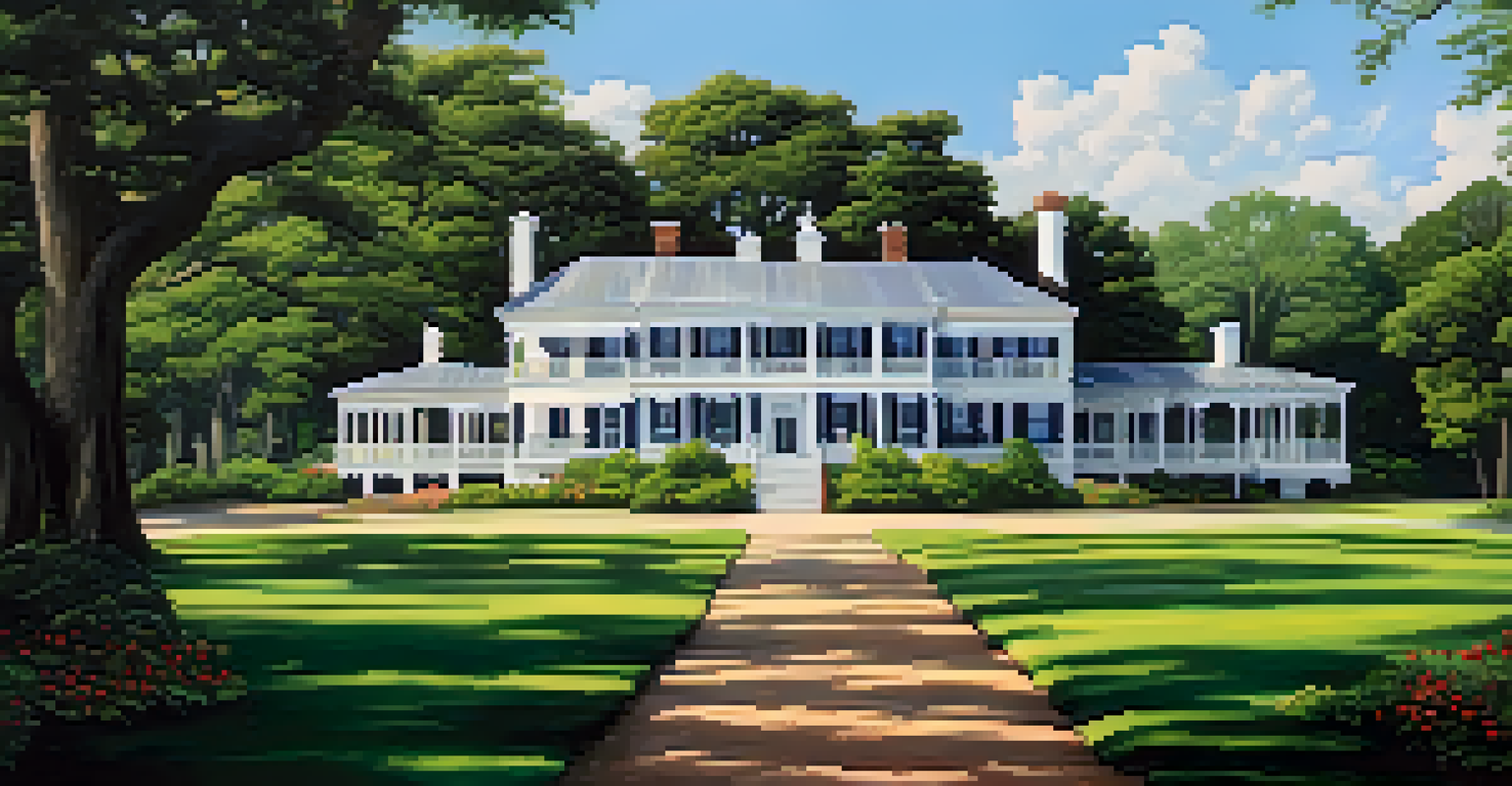The restored Latta Plantation amidst green landscapes and colorful flowers.