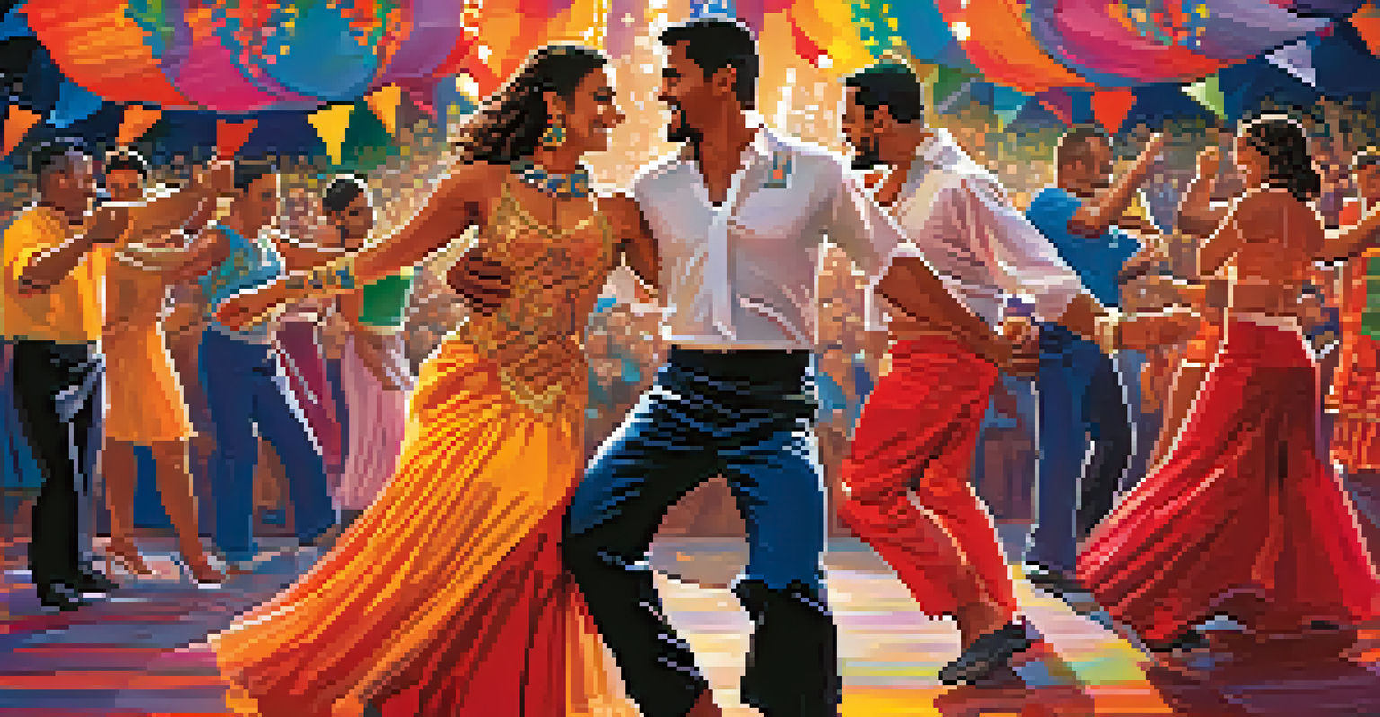 Dancers in traditional attire performing salsa at the Latin American Festival in Charlotte, with a colorful background and an engaged audience.