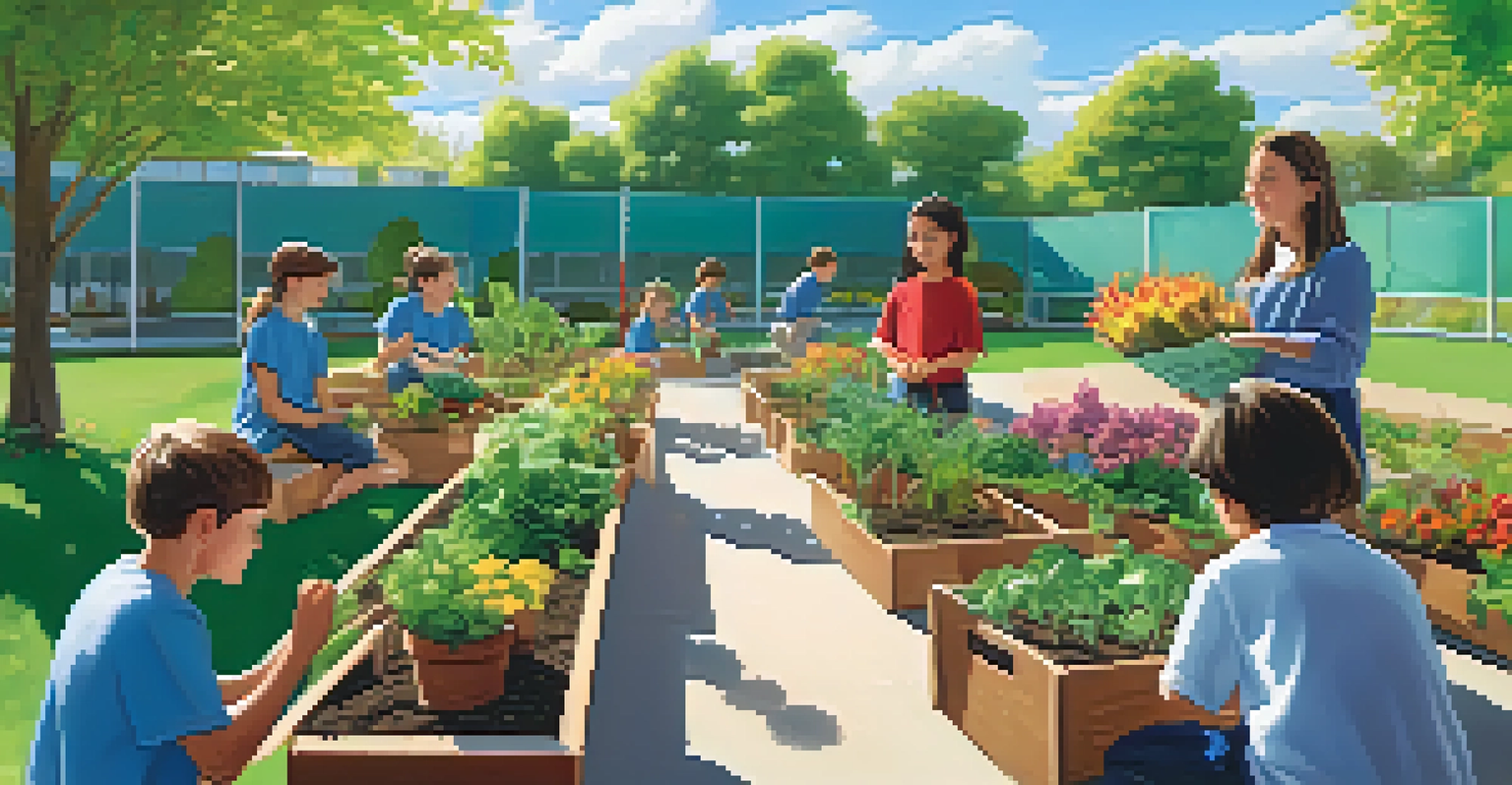 Students engaged in a hands-on environmental science lesson in a school garden, surrounded by vibrant plants and a clear blue sky.