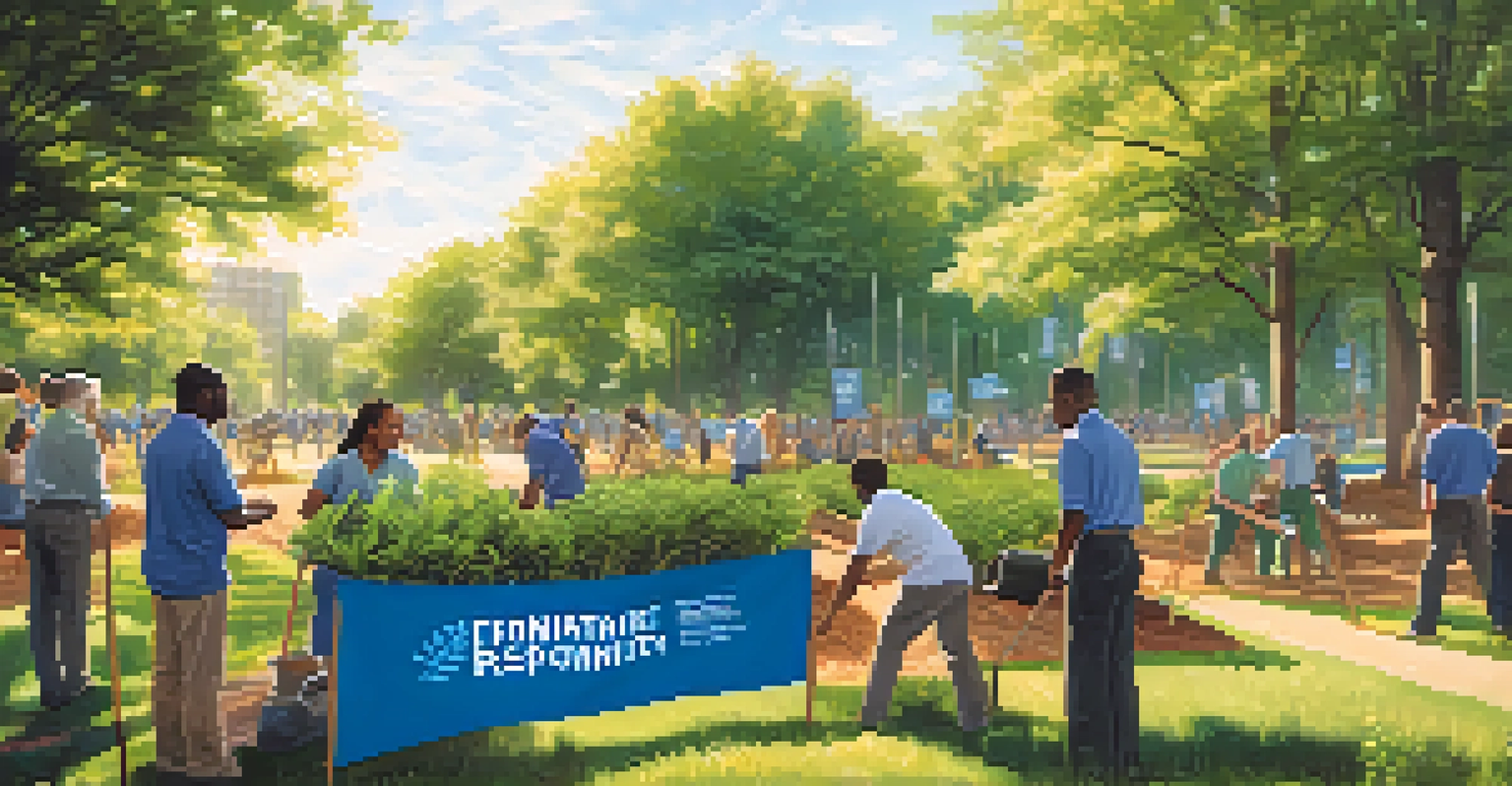Employees participating in a community event focused on sustainability, planting trees in a park.
