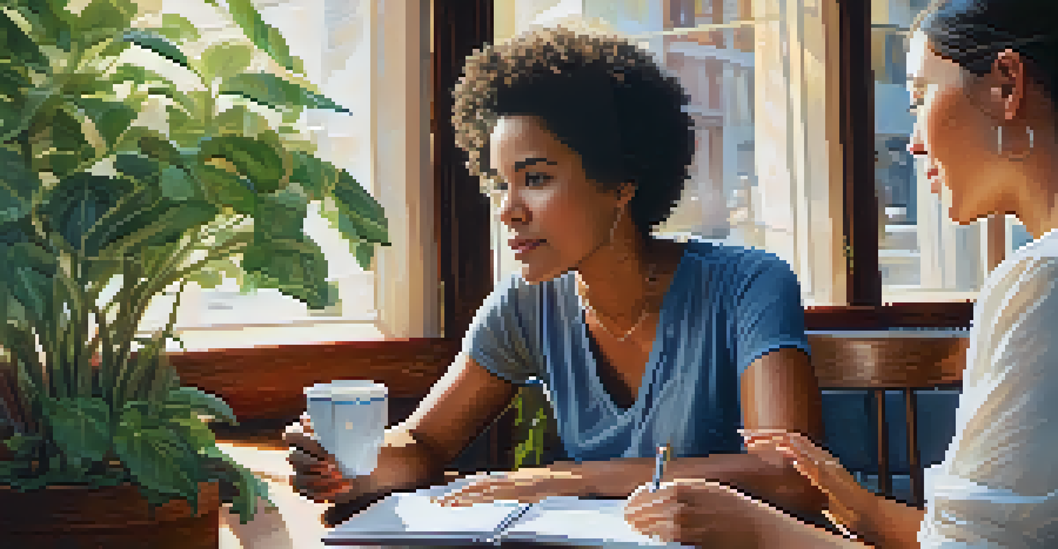 A mentor and mentee discussing in a cozy café, with the mentor sharing insights and the mentee taking notes.