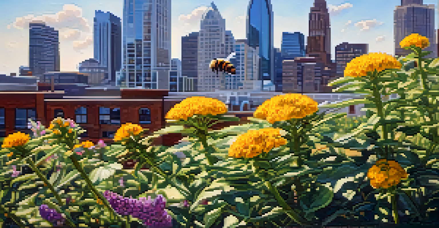 A close-up of a flowering plant in an urban garden with bees and butterflies, against a blurred skyline of Charlotte, illuminated by warm sunlight.