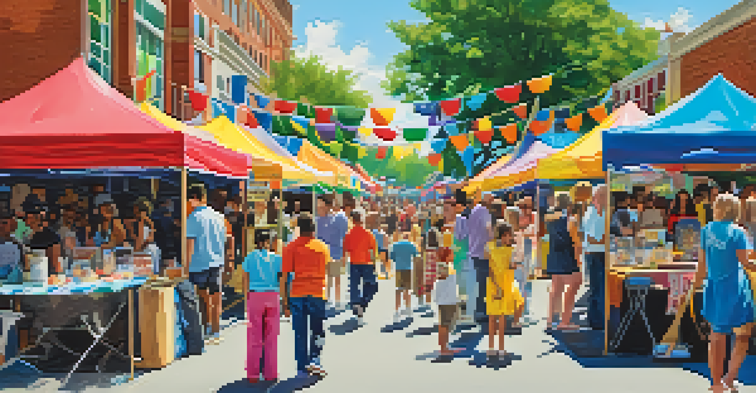 A vibrant arts and cultural festival with local artists, musicians, and families enjoying food and activities, under a clear blue sky.