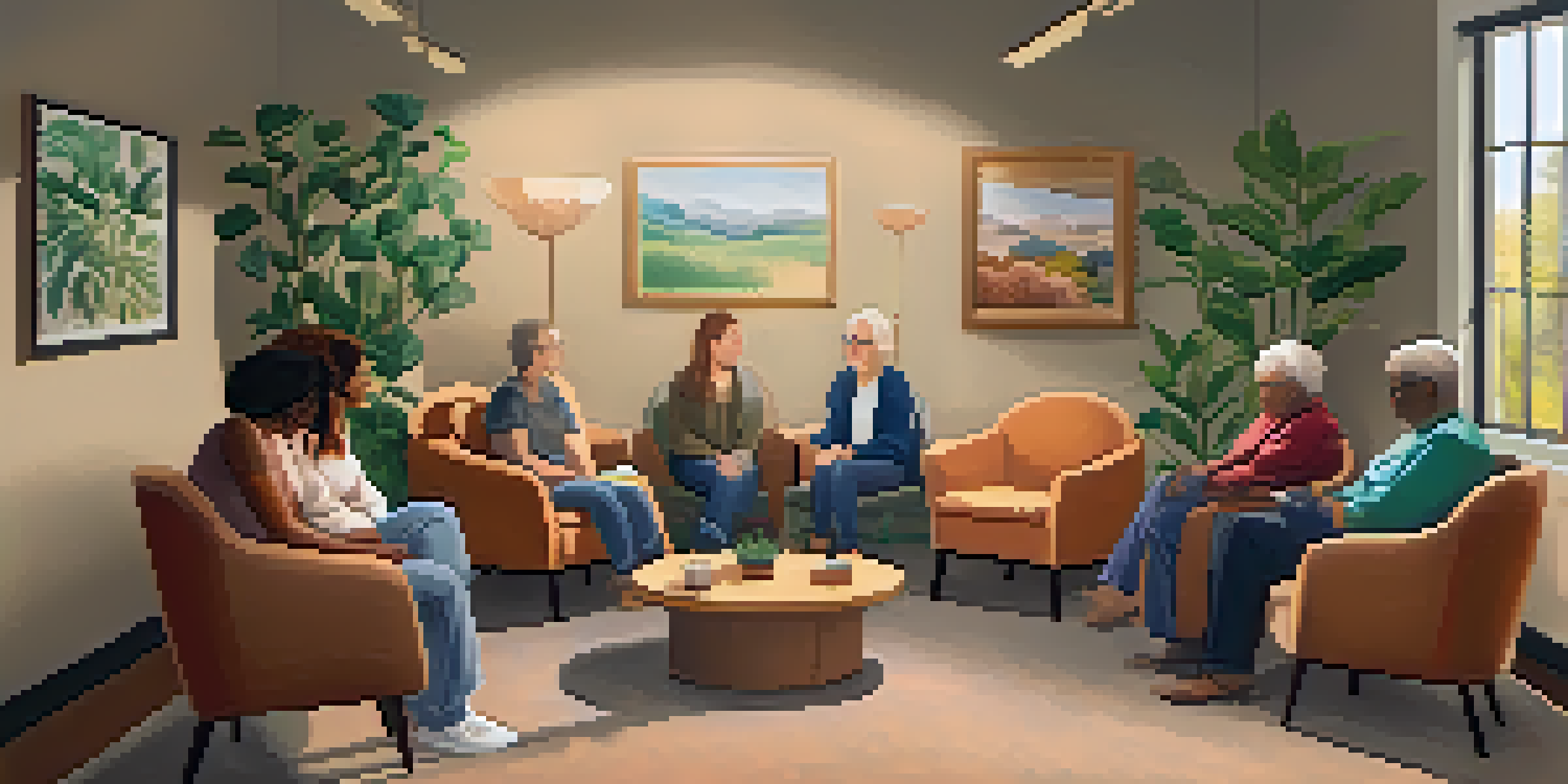 A supportive group discussion in a cozy room with comfortable seating and calming decor, highlighting diverse individuals sharing experiences.