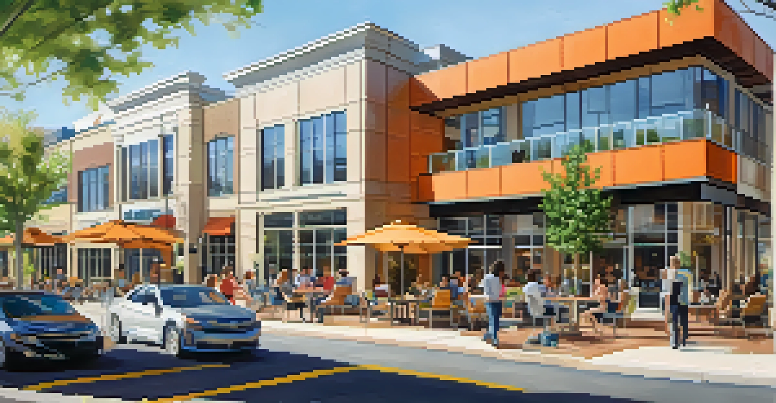 A vibrant mixed-use development in Charlotte with people enjoying outdoor spaces and modern architecture.