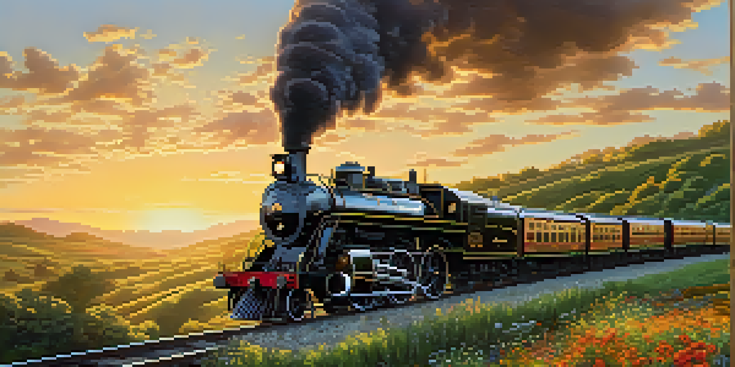 A vintage steam train traveling through a beautiful Southern landscape during sunset, with hills and wildflowers.