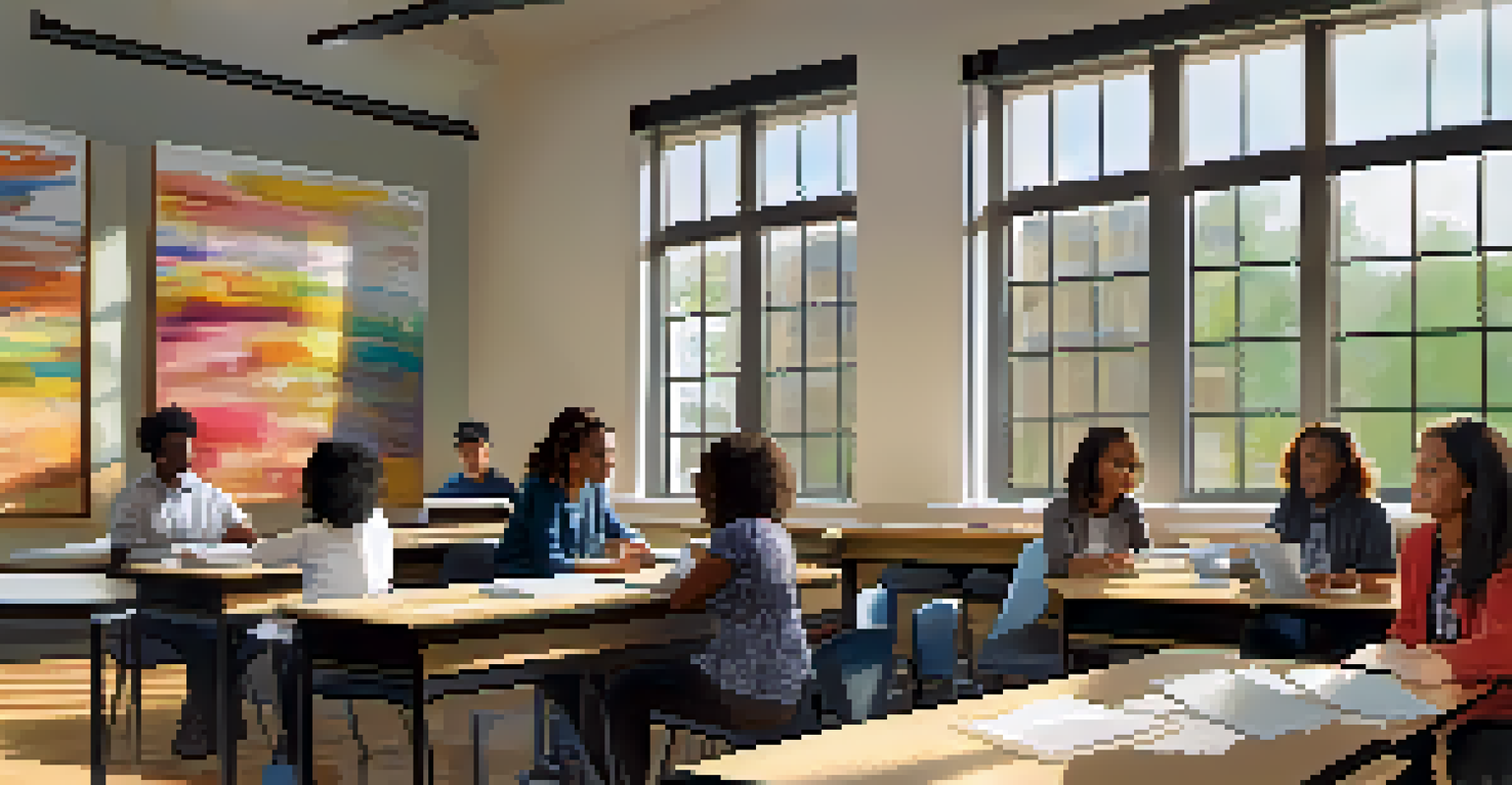A small classroom with diverse students and a professor interacting, filled with educational materials and soft natural light.