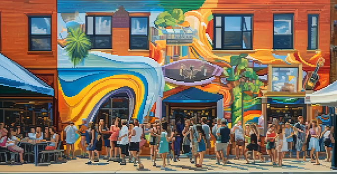 A vibrant mural in NoDa showcasing a music scene, surrounded by shops and a festive atmosphere.