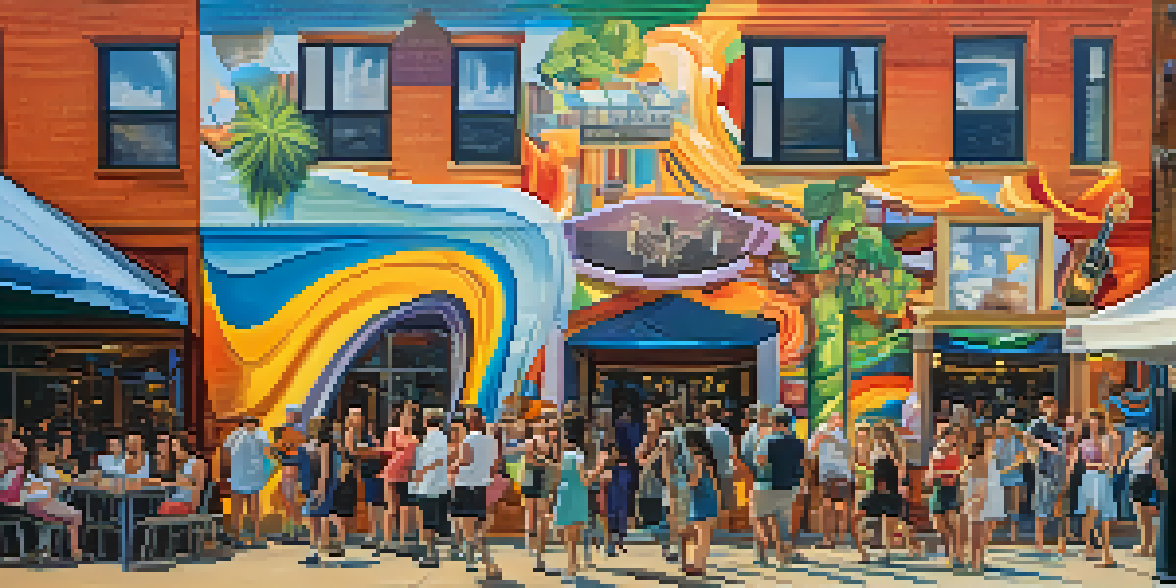 A vibrant mural in NoDa showcasing a music scene, surrounded by shops and a festive atmosphere.