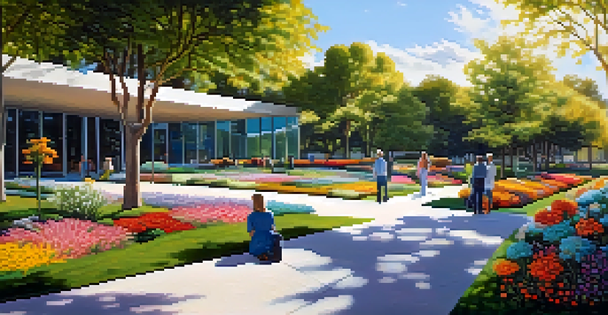 An outdoor garden scene at The Mint Museum with colorful flowers and modern sculptures under a bright blue sky.