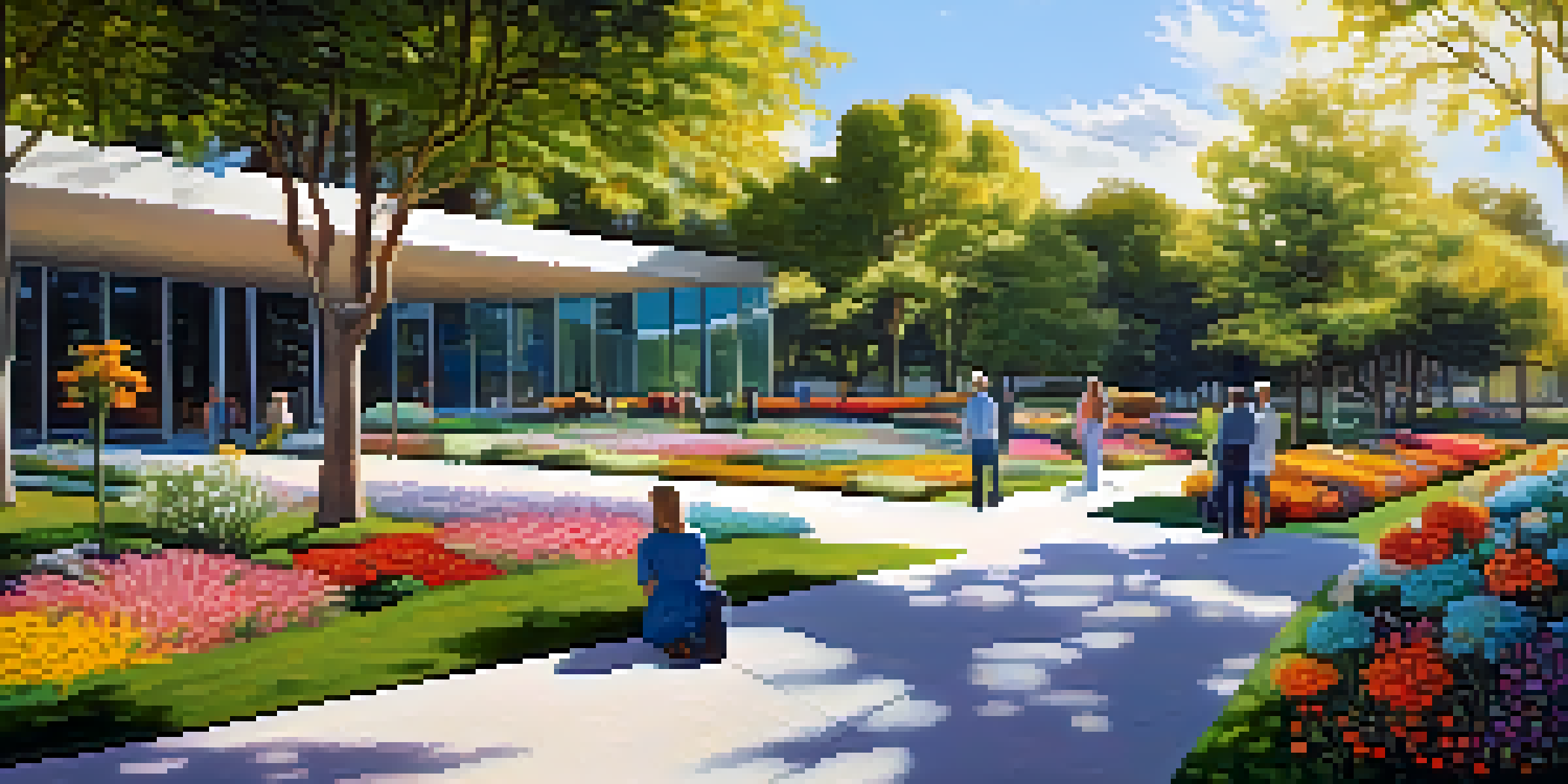 An outdoor garden scene at The Mint Museum with colorful flowers and modern sculptures under a bright blue sky.