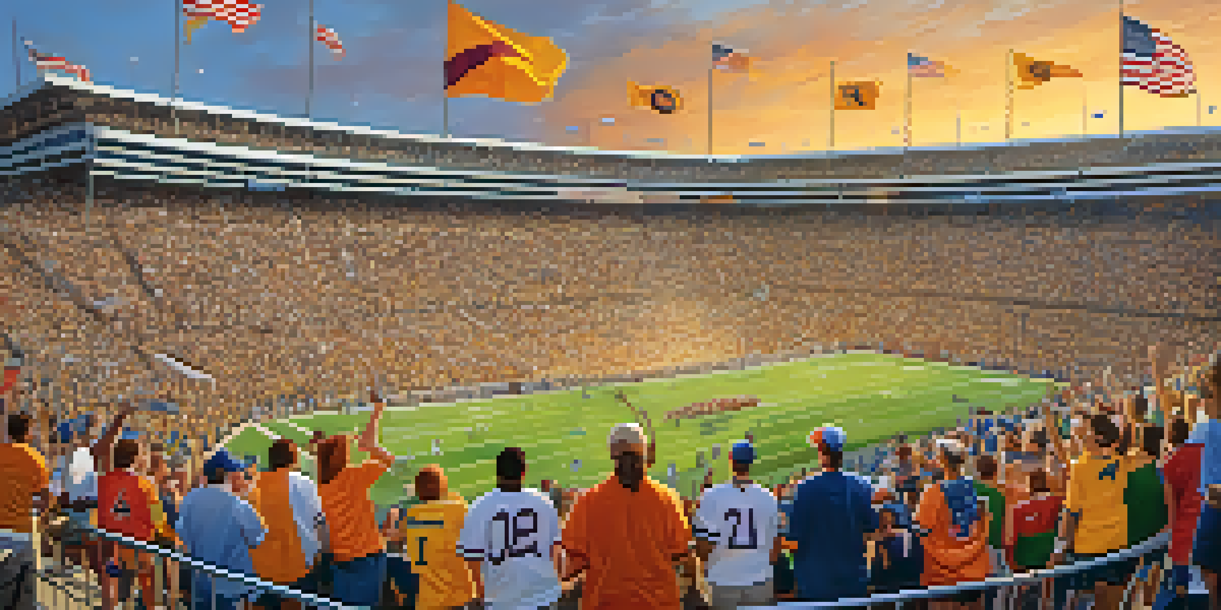 A bustling stadium filled with enthusiastic college sports fans in Charlotte, wearing team colors and cheering, with a sunset in the background.