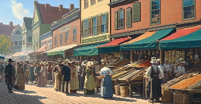 A busy historical marketplace in Charlotte with vendors and shoppers in 19th-century clothing, showcasing mining supplies and local goods.