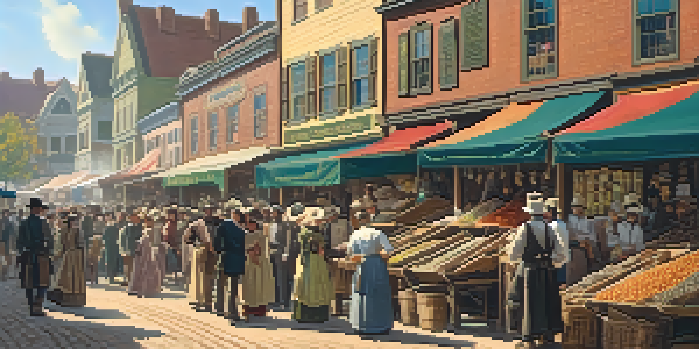 A busy historical marketplace in Charlotte with vendors and shoppers in 19th-century clothing, showcasing mining supplies and local goods.