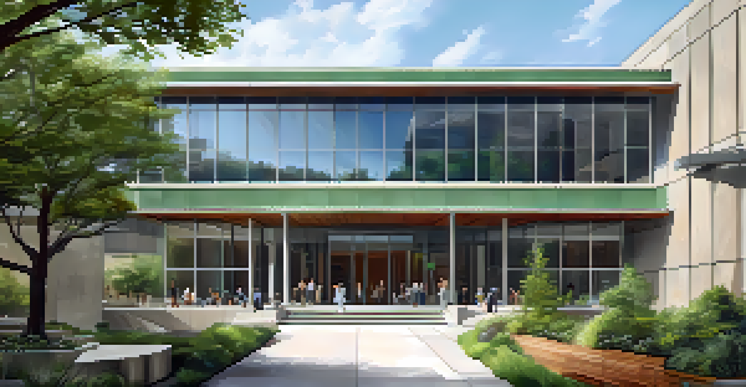 A modern museum building with large windows and green outdoor spaces, representing a blend of art and nature.
