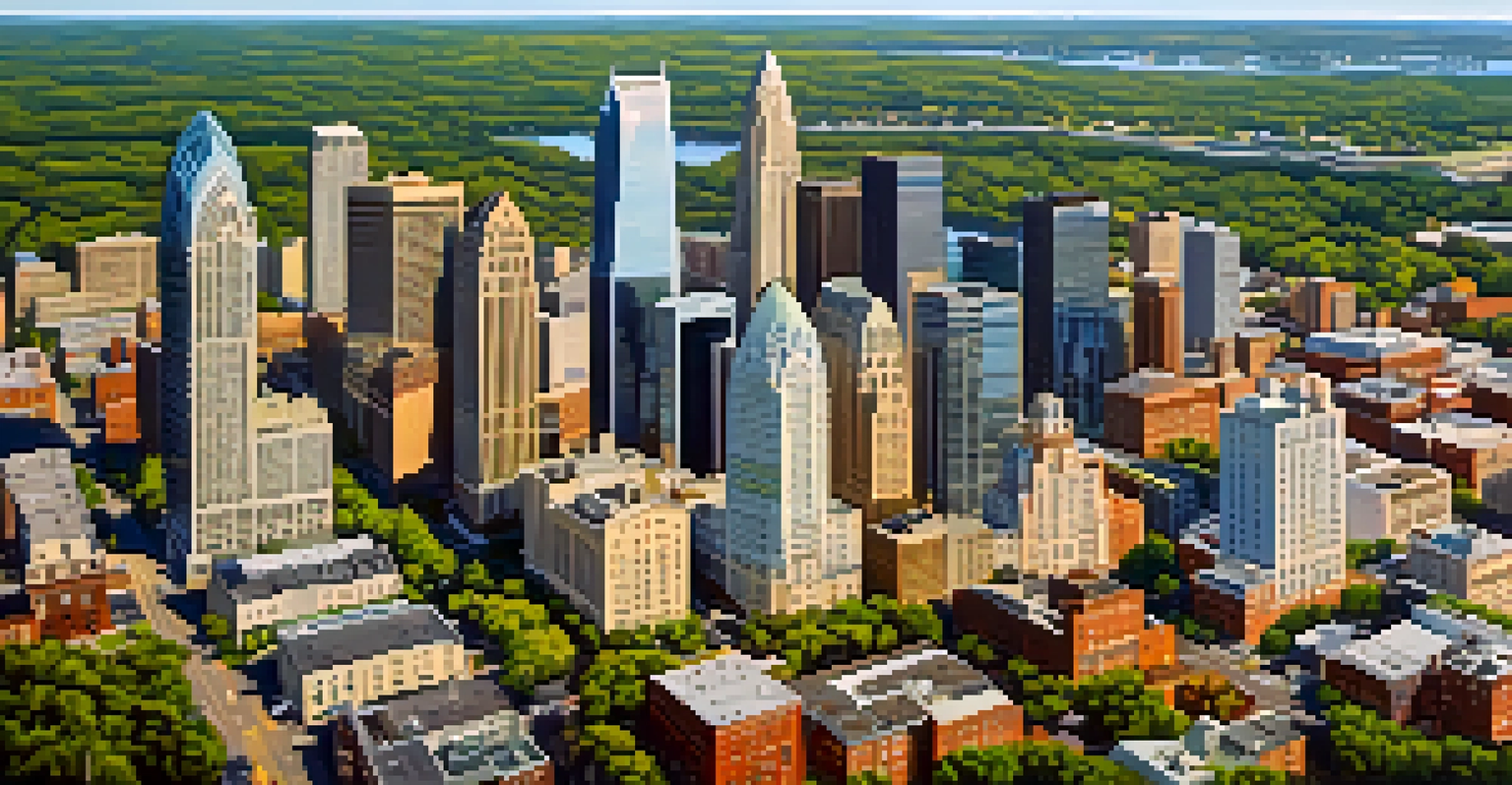 Aerial view of Charlotte's skyline with skyscrapers and green parks.