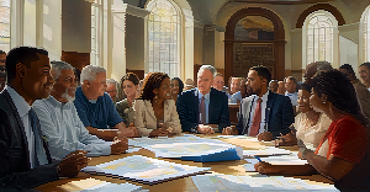 A diverse group of residents gathered in a city hall meeting discussing local political issues with maps and documents on the table.