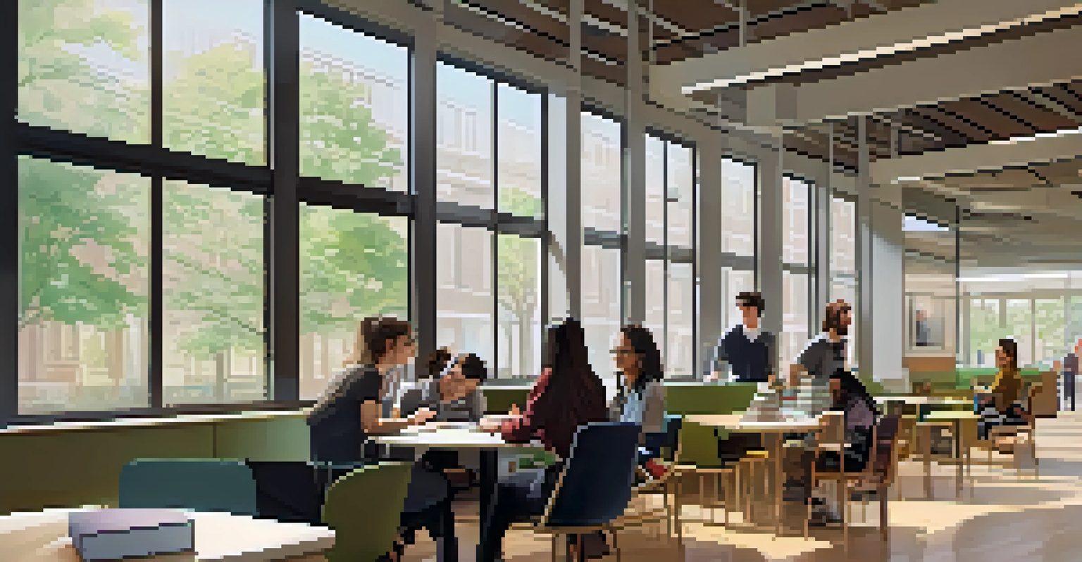 A bright and cozy study area at Queens University of Charlotte, with students working together at a table.