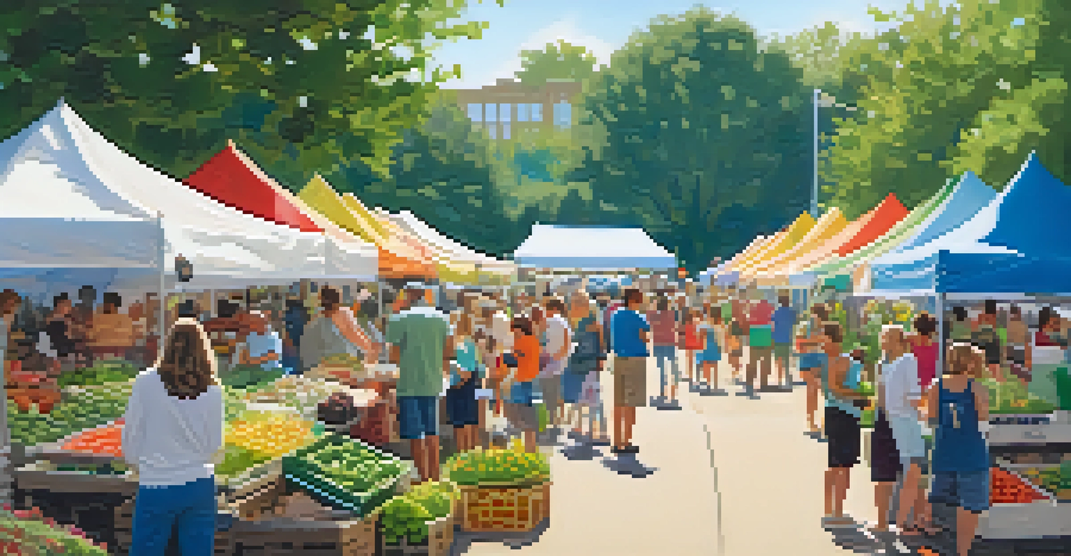 A lively outdoor farmer's market in Charlotte, showcasing local vendors and families enjoying the day.