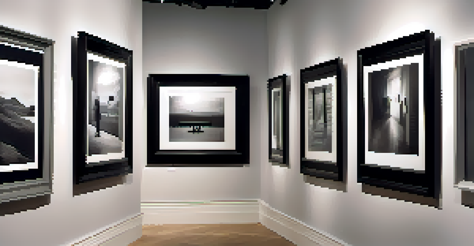 A close-up view of a photography exhibition with black and white photographs and a visitor contemplating the art.