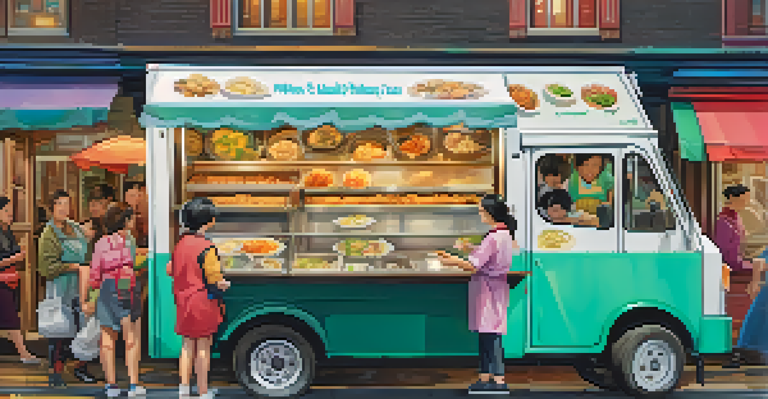 A close-up of a food truck specializing in dumplings, with a chef preparing food and a busy crowd in the background.
